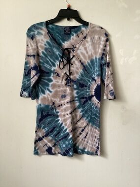 Sledge USA Tie-Dye Lace-Up Scoop Neck Top - Teal & Beige. 100% comb cotton.
